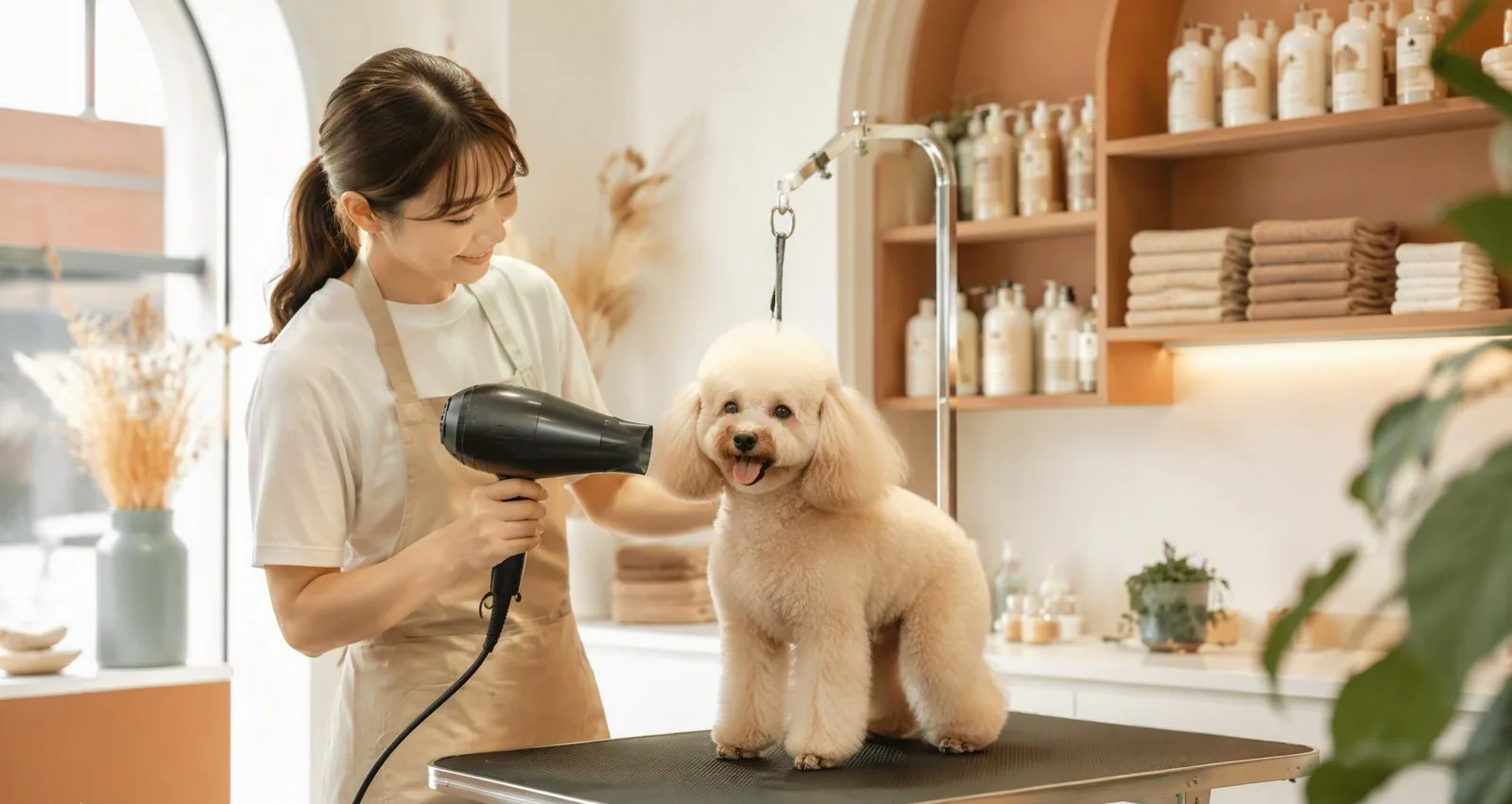 樂芙朵寵物美容-美容師為貴賓犬吹整造型